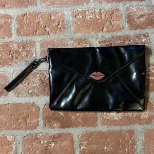 Kirna Zabete Large Clutch Wristlet • Black Patent • Red Rhinestone Kiss Lips